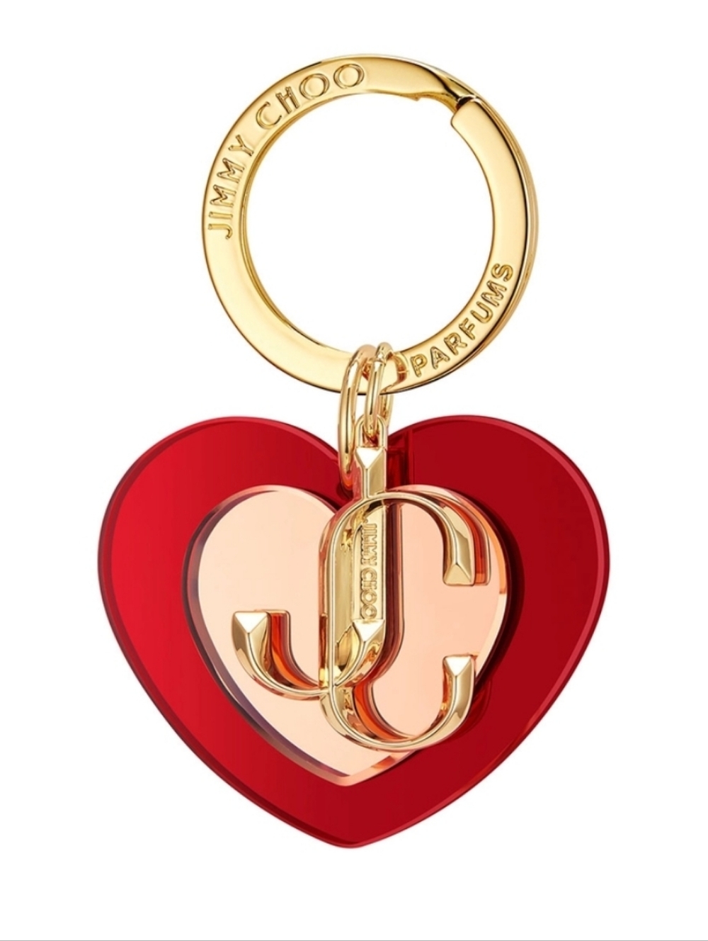 New Jimmy Choo I Want Choo Red & Rose Gold Love Heart Keyring Charm